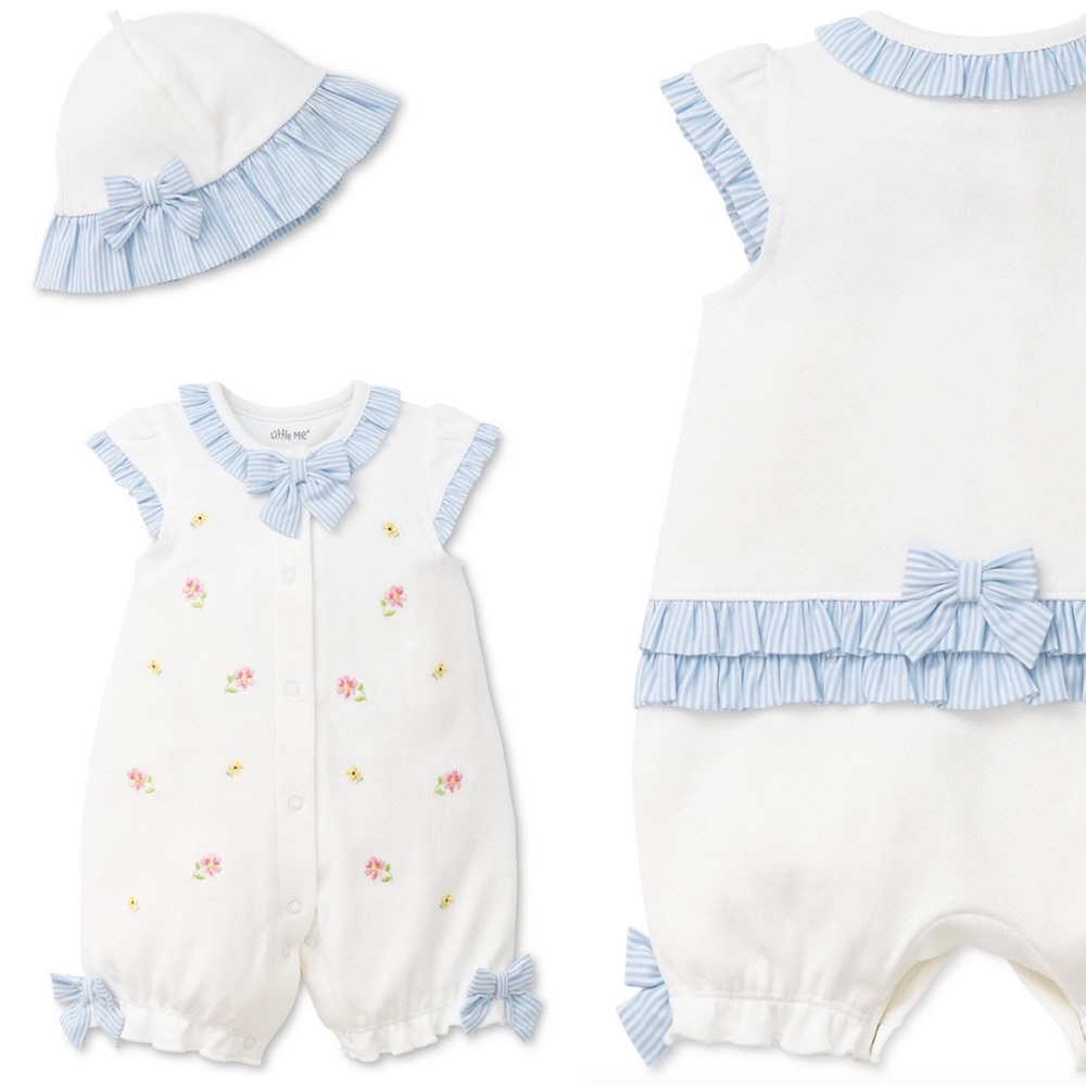 🆕 Little Me | Baby Girl Ruffle Romper & Hat Set